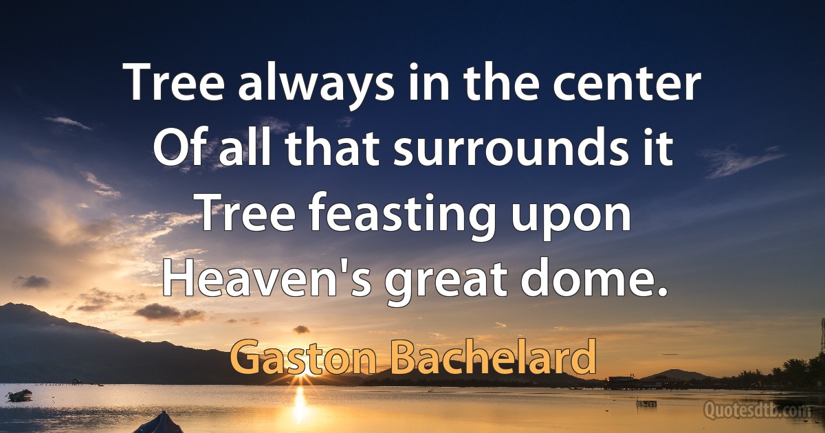 Tree always in the center
Of all that surrounds it
Tree feasting upon
Heaven's great dome. (Gaston Bachelard)