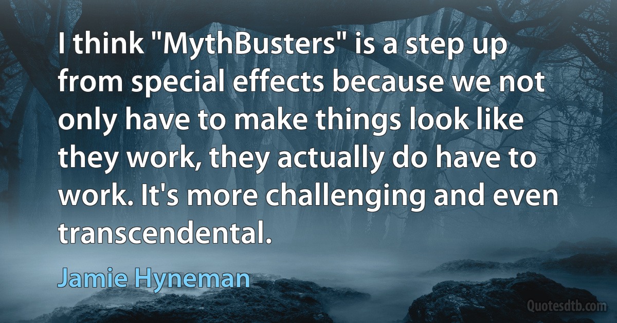 I think "MythBusters" is a step up from special effects because we not only have to make things look like they work, they actually do have to work. It's more challenging and even transcendental. (Jamie Hyneman)