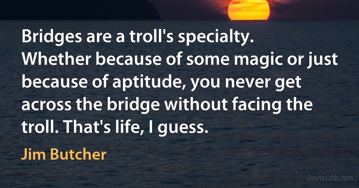 Bridges are a troll's specialty. Whether because of some magic or just because of aptitude, you never get across the bridge without facing the troll. That's life, I guess. (Jim Butcher)