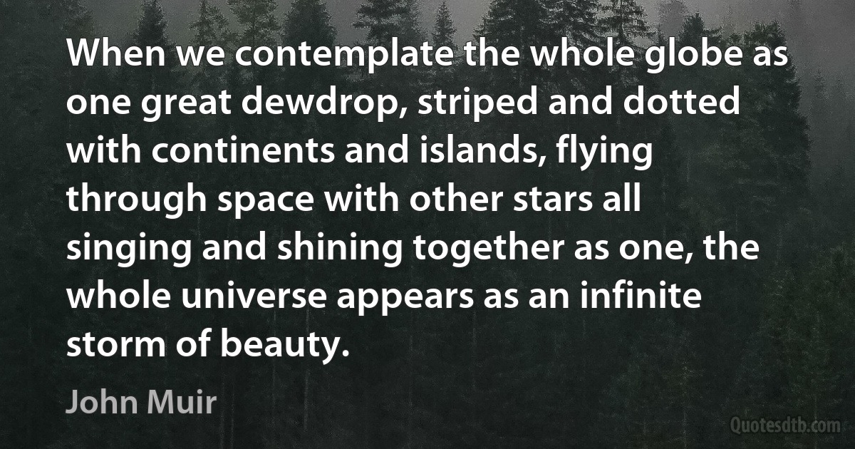 When we contemplate the whole globe as one great dewdrop, striped and dotted with continents and islands, flying through space with other stars all singing and shining together as one, the whole universe appears as an infinite storm of beauty. (John Muir)