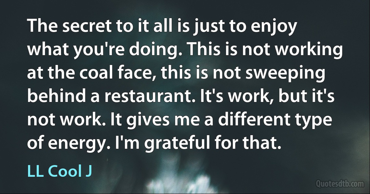 The secret to it all is just to enjoy what you're doing. This is not working at the coal face, this is not sweeping behind a restaurant. It's work, but it's not work. It gives me a different type of energy. I'm grateful for that. (LL Cool J)