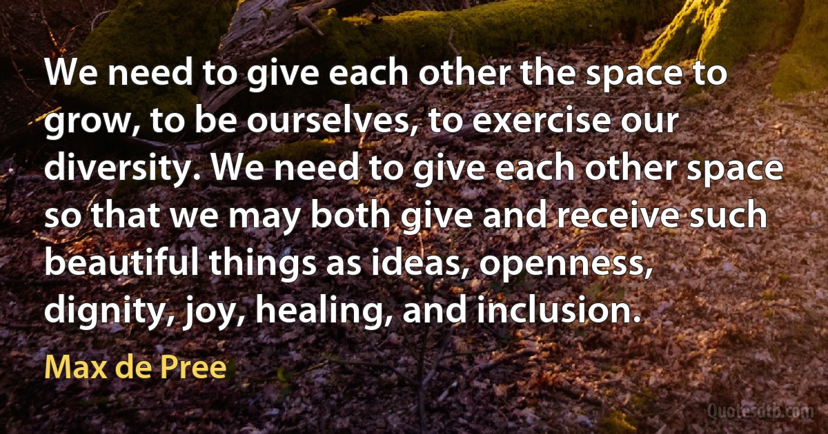 We need to give each other the space to grow, to be ourselves, to exercise our diversity. We need to give each other space so that we may both give and receive such beautiful things as ideas, openness, dignity, joy, healing, and inclusion. (Max de Pree)