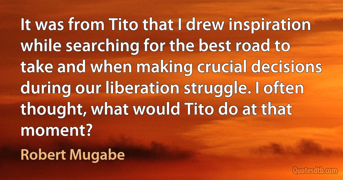 It was from Tito that I drew inspiration while searching for the best road to take and when making crucial decisions during our liberation struggle. I often thought, what would Tito do at that moment? (Robert Mugabe)