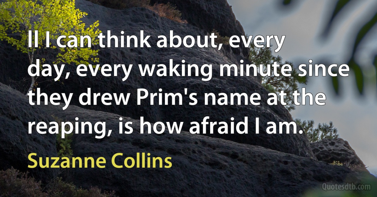 ll I can think about, every day, every waking minute since they drew Prim's name at the reaping, is how afraid I am. (Suzanne Collins)