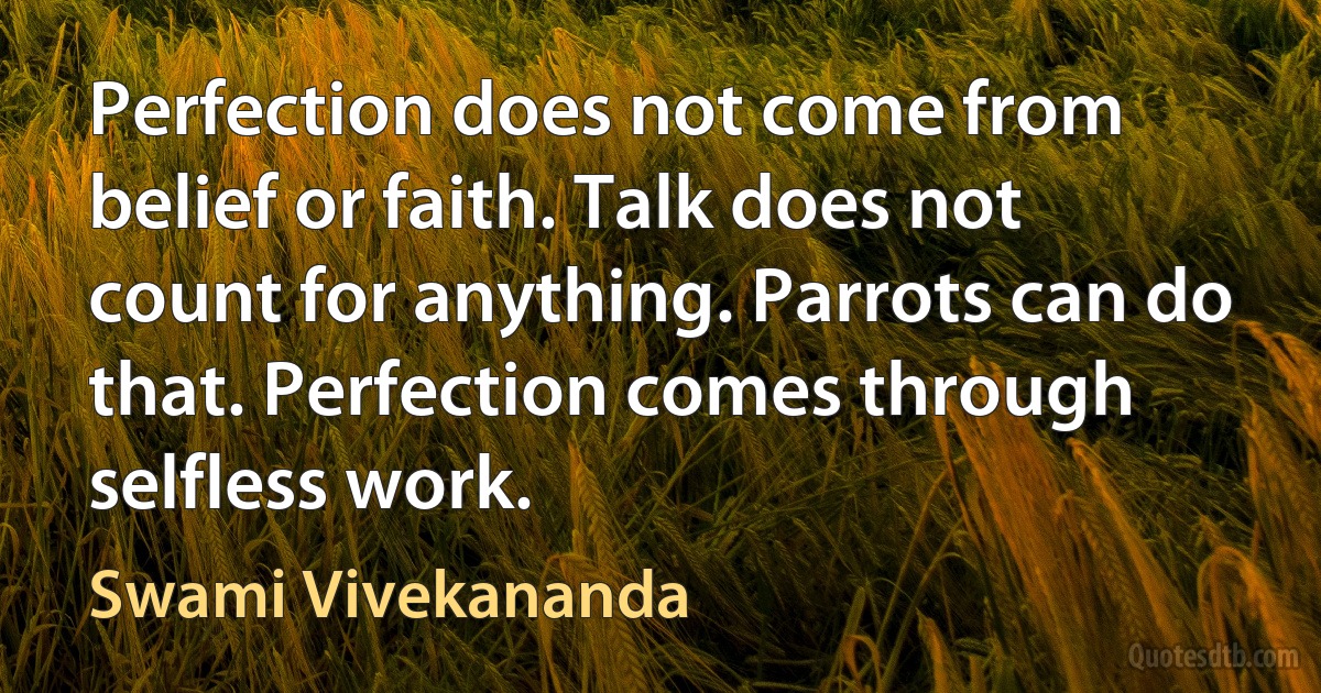 Perfection does not come from belief or faith. Talk does not count for anything. Parrots can do that. Perfection comes through selfless work. (Swami Vivekananda)