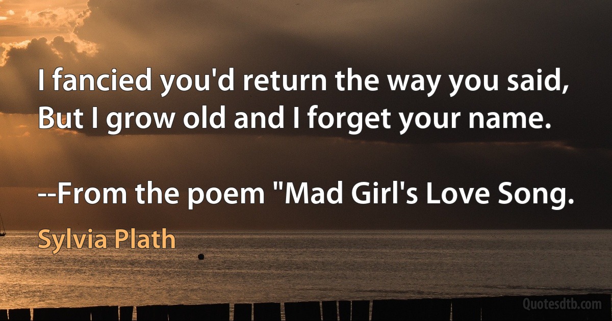 I fancied you'd return the way you said,
But I grow old and I forget your name.

--From the poem "Mad Girl's Love Song. (Sylvia Plath)