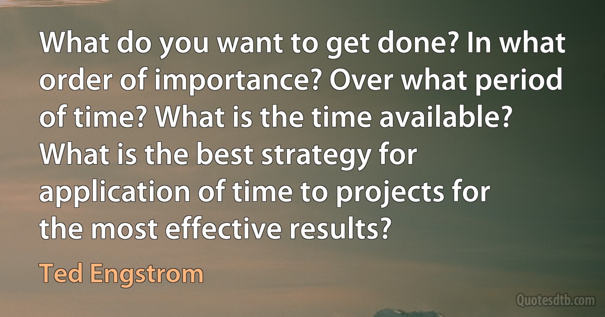 What do you want to get done? In what order of importance? Over what period of time? What is the time available? What is the best strategy for application of time to projects for the most effective results? (Ted Engstrom)