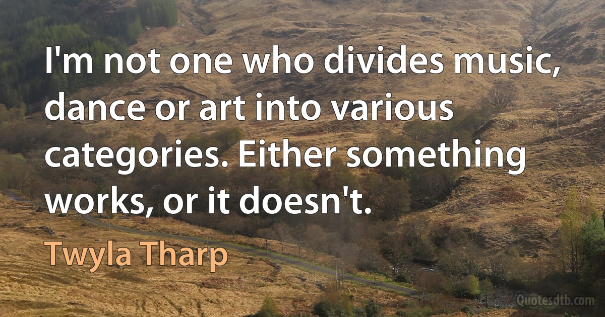 I'm not one who divides music, dance or art into various categories. Either something works, or it doesn't. (Twyla Tharp)