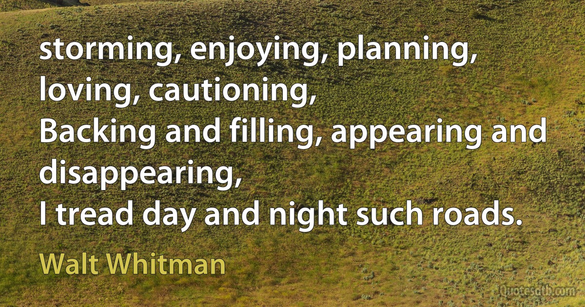 storming, enjoying, planning, loving, cautioning,
Backing and filling, appearing and disappearing,
I tread day and night such roads. (Walt Whitman)