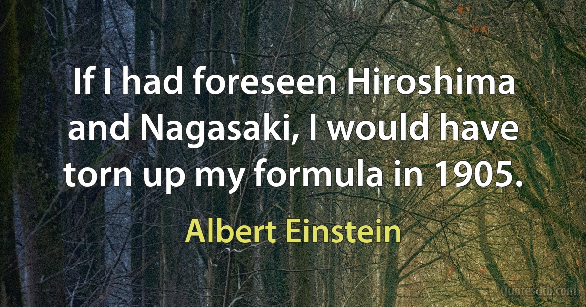 If I had foreseen Hiroshima and Nagasaki, I would have torn up my formula in 1905. (Albert Einstein)