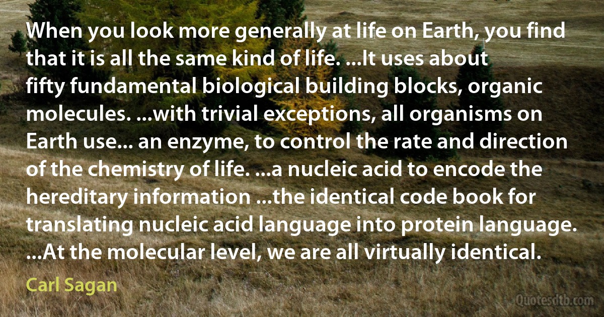 When you look more generally at life on Earth, you find that it is all the same kind of life. ...It uses about fifty fundamental biological building blocks, organic molecules. ...with trivial exceptions, all organisms on Earth use... an enzyme, to control the rate and direction of the chemistry of life. ...a nucleic acid to encode the hereditary information ...the identical code book for translating nucleic acid language into protein language. ...At the molecular level, we are all virtually identical. (Carl Sagan)