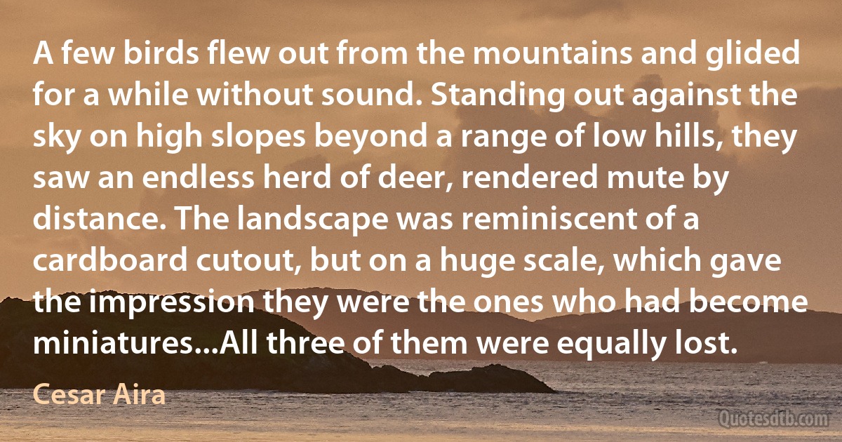 A few birds flew out from the mountains and glided for a while without sound. Standing out against the sky on high slopes beyond a range of low hills, they saw an endless herd of deer, rendered mute by distance. The landscape was reminiscent of a cardboard cutout, but on a huge scale, which gave the impression they were the ones who had become miniatures...All three of them were equally lost. (Cesar Aira)