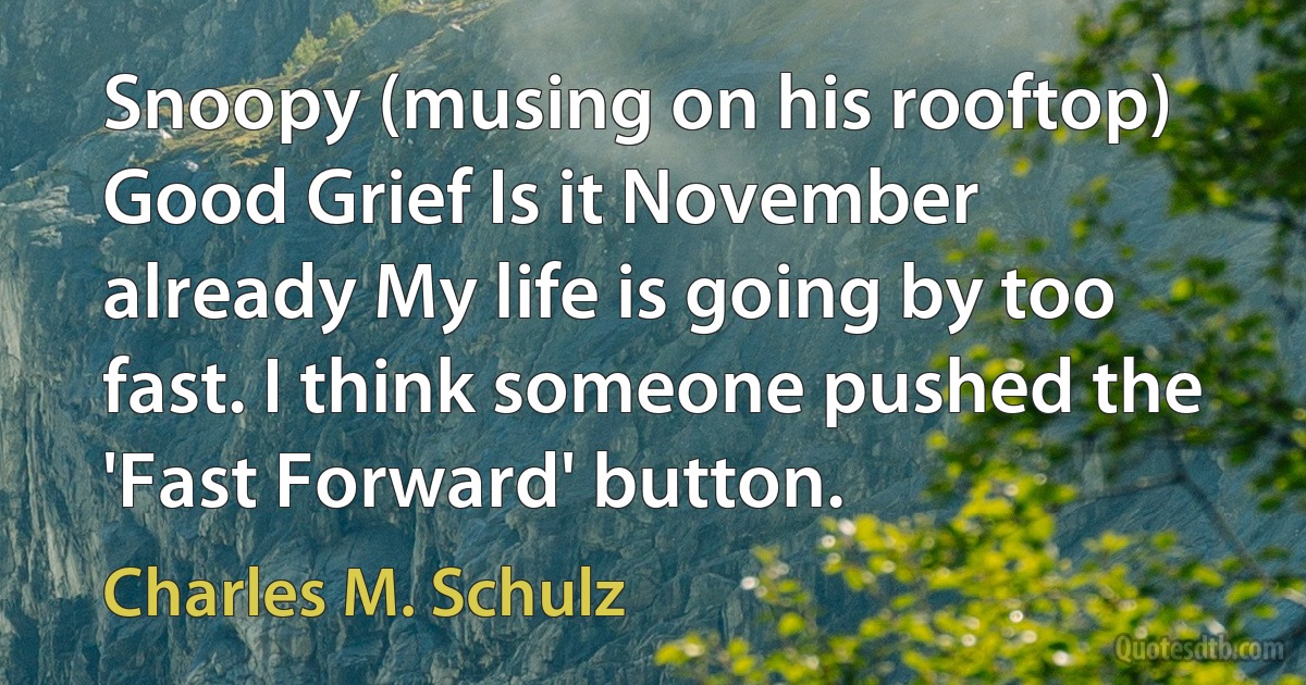 Snoopy (musing on his rooftop) Good Grief Is it November already My life is going by too fast. I think someone pushed the 'Fast Forward' button. (Charles M. Schulz)