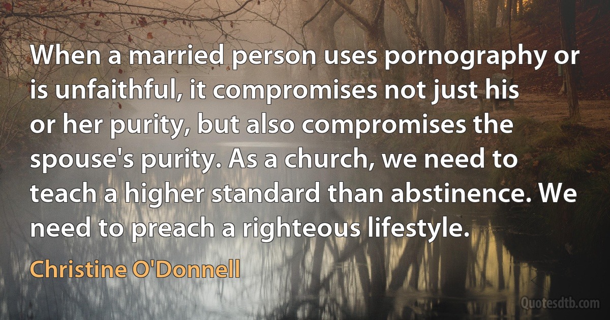 When a married person uses pornography or is unfaithful, it compromises not just his or her purity, but also compromises the spouse's purity. As a church, we need to teach a higher standard than abstinence. We need to preach a righteous lifestyle. (Christine O'Donnell)