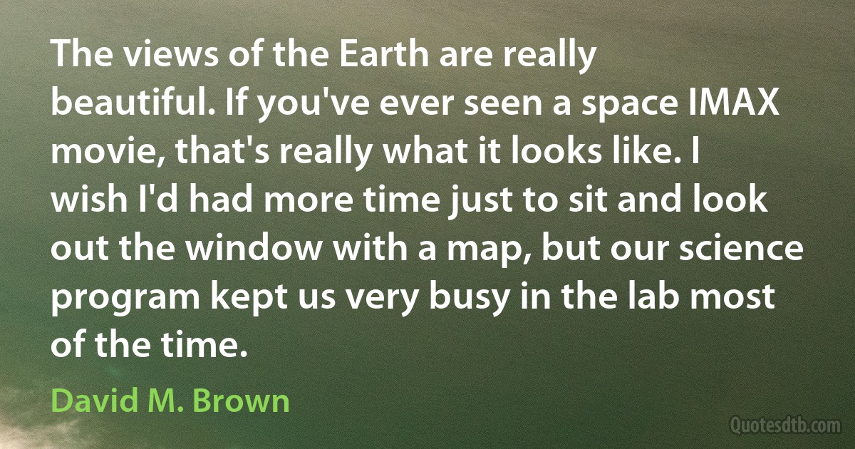 The views of the Earth are really beautiful. If you've ever seen a space IMAX movie, that's really what it looks like. I wish I'd had more time just to sit and look out the window with a map, but our science program kept us very busy in the lab most of the time. (David M. Brown)