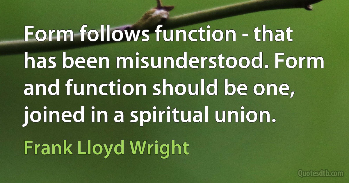 Form follows function - that has been misunderstood. Form and function should be one, joined in a spiritual union. (Frank Lloyd Wright)