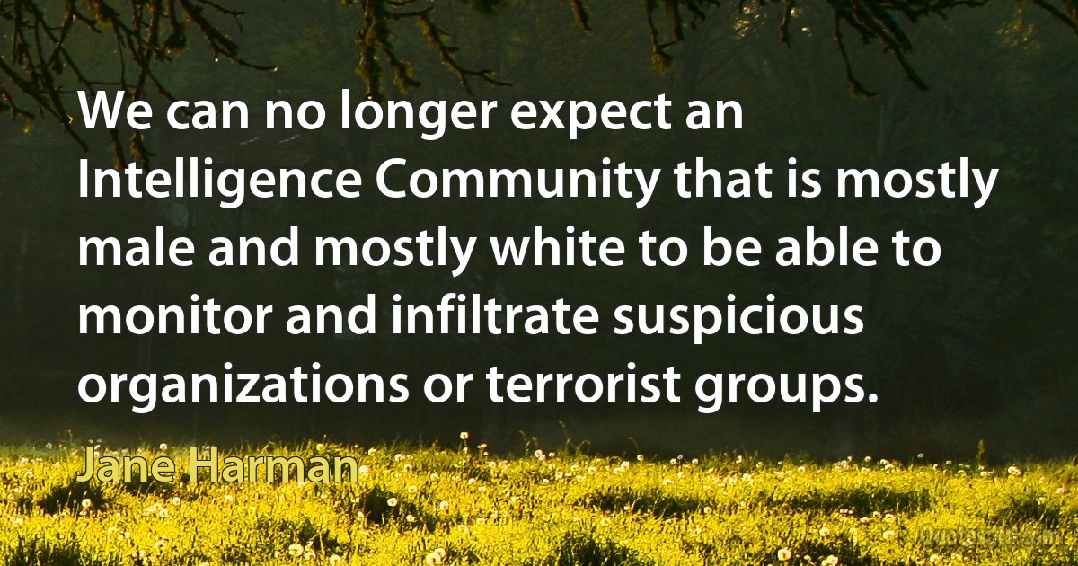 We can no longer expect an Intelligence Community that is mostly male and mostly white to be able to monitor and infiltrate suspicious organizations or terrorist groups. (Jane Harman)