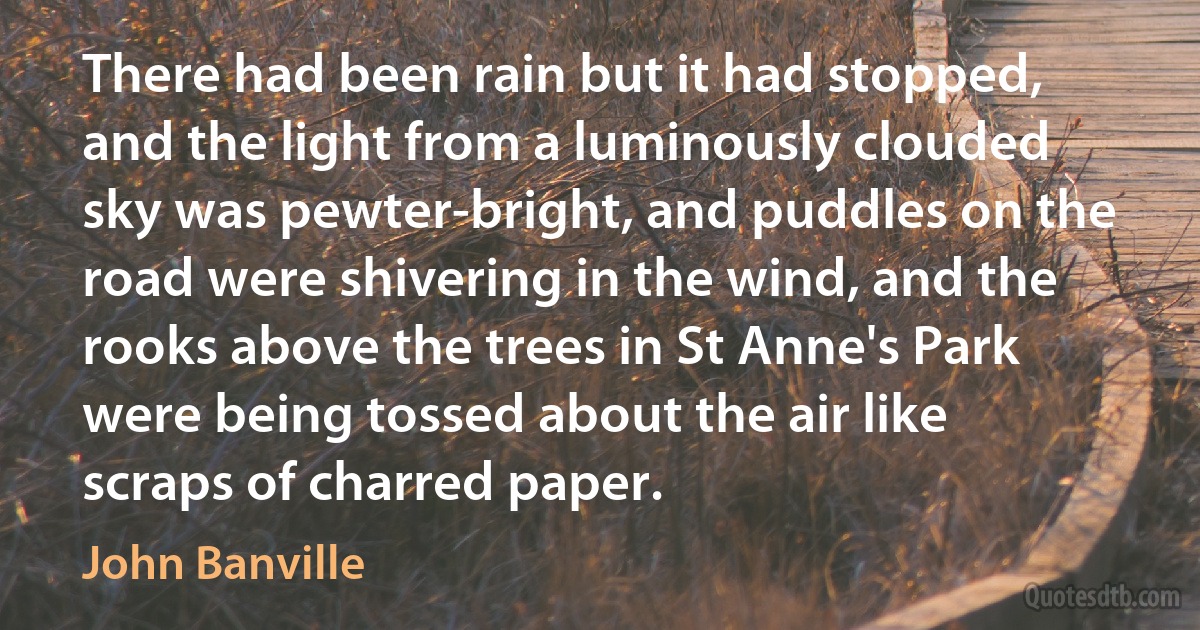 There had been rain but it had stopped, and the light from a luminously clouded sky was pewter-bright, and puddles on the road were shivering in the wind, and the rooks above the trees in St Anne's Park were being tossed about the air like scraps of charred paper. (John Banville)