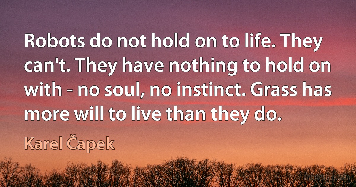 Robots do not hold on to life. They can't. They have nothing to hold on with - no soul, no instinct. Grass has more will to live than they do. (Karel Čapek)