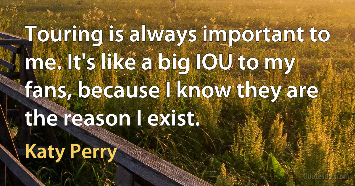 Touring is always important to me. It's like a big IOU to my fans, because I know they are the reason I exist. (Katy Perry)