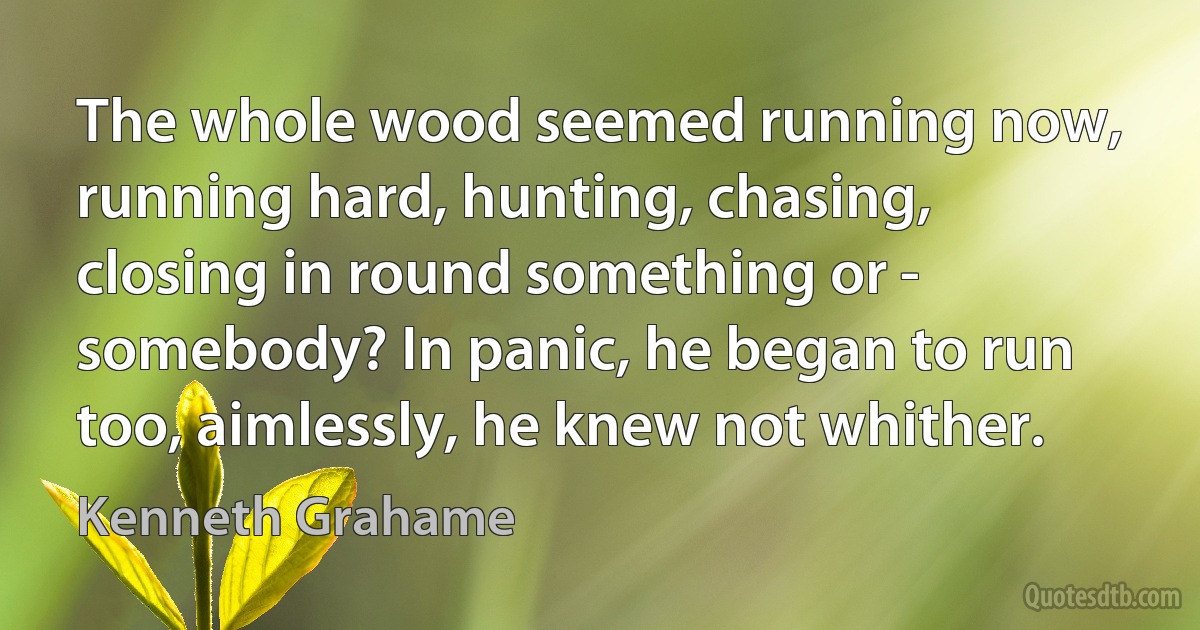 The whole wood seemed running now, running hard, hunting, chasing, closing in round something or - somebody? In panic, he began to run too, aimlessly, he knew not whither. (Kenneth Grahame)