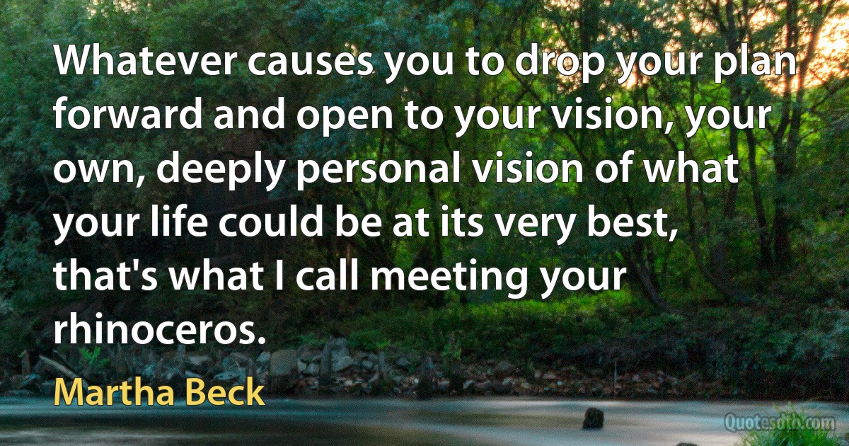 Whatever causes you to drop your plan forward and open to your vision, your own, deeply personal vision of what your life could be at its very best, that's what I call meeting your rhinoceros. (Martha Beck)