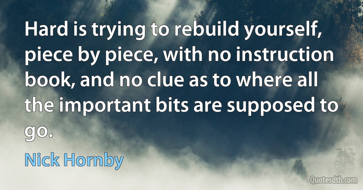 Hard is trying to rebuild yourself, piece by piece, with no instruction book, and no clue as to where all the important bits are supposed to go. (Nick Hornby)