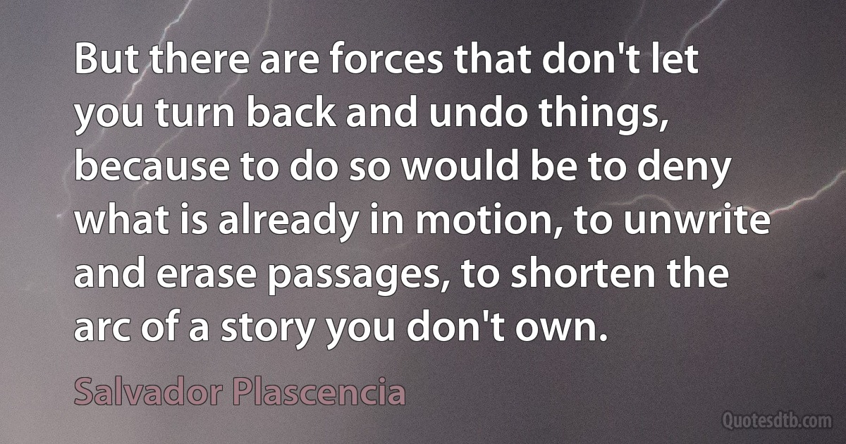 But there are forces that don't let you turn back and undo things, because to do so would be to deny what is already in motion, to unwrite and erase passages, to shorten the arc of a story you don't own. (Salvador Plascencia)