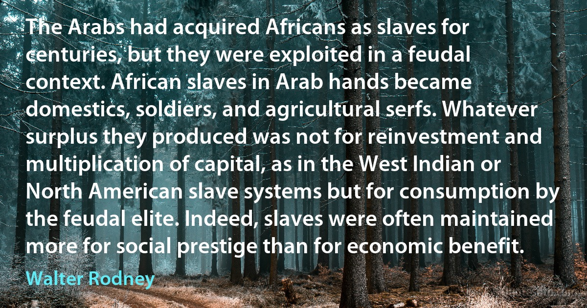 The Arabs had acquired Africans as slaves for centuries, but they were exploited in a feudal context. African slaves in Arab hands became domestics, soldiers, and agricultural serfs. Whatever surplus they produced was not for reinvestment and multiplication of capital, as in the West Indian or North American slave systems but for consumption by the feudal elite. Indeed, slaves were often maintained more for social prestige than for economic benefit. (Walter Rodney)