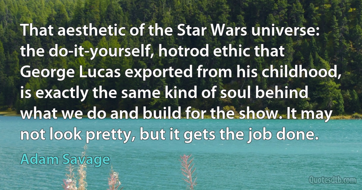 That aesthetic of the Star Wars universe: the do-it-yourself, hotrod ethic that George Lucas exported from his childhood, is exactly the same kind of soul behind what we do and build for the show. It may not look pretty, but it gets the job done. (Adam Savage)