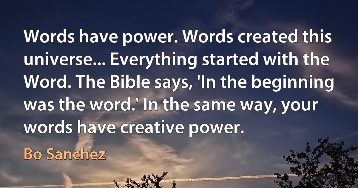 Words have power. Words created this universe... Everything started with the Word. The Bible says, 'In the beginning was the word.' In the same way, your words have creative power. (Bo Sanchez)