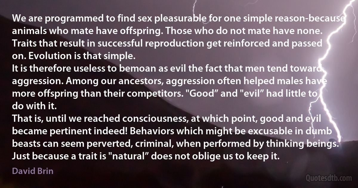 We are programmed to find sex pleasurable for one simple reason-because animals who mate have offspring. Those who do not mate have none. Traits that result in successful reproduction get reinforced and passed on. Evolution is that simple.
It is therefore useless to bemoan as evil the fact that men tend toward aggression. Among our ancestors, aggression often helped males have more offspring than their competitors. "Good” and "evil” had little to do with it.
That is, until we reached consciousness, at which point, good and evil became pertinent indeed! Behaviors which might be excusable in dumb beasts can seem perverted, criminal, when performed by thinking beings. Just because a trait is "natural” does not oblige us to keep it. (David Brin)