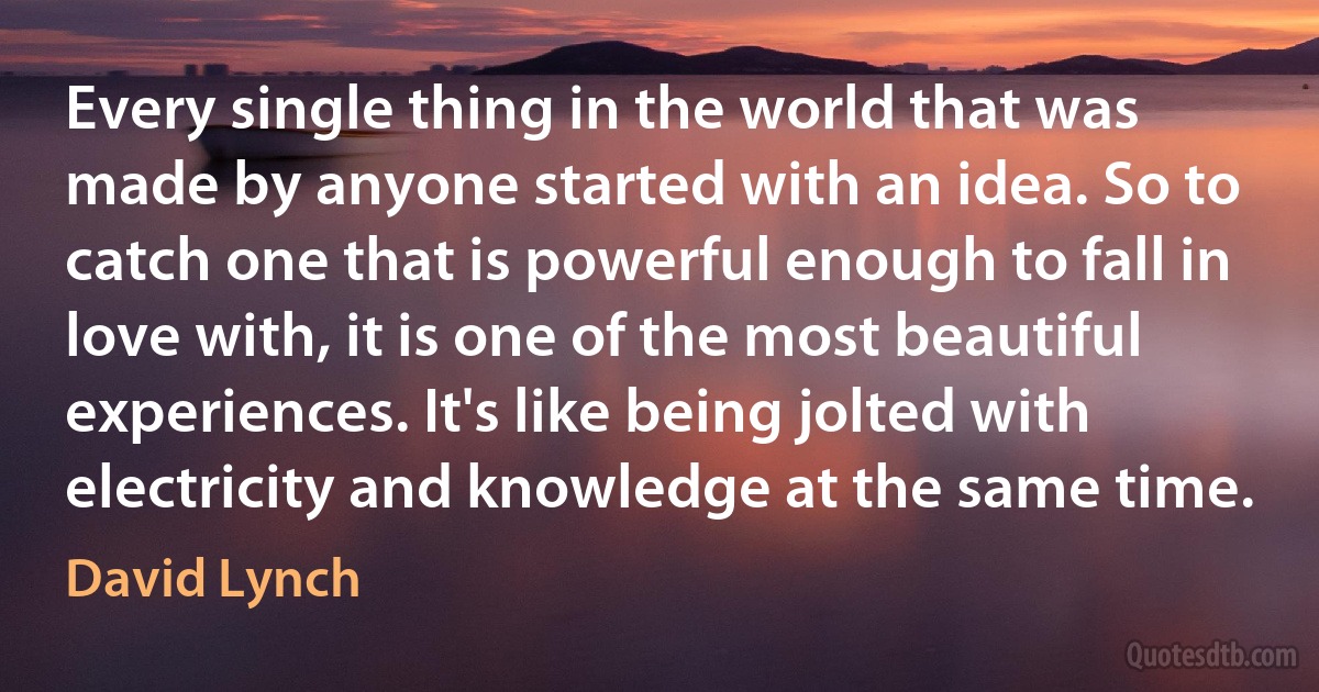 Every single thing in the world that was made by anyone started with an idea. So to catch one that is powerful enough to fall in love with, it is one of the most beautiful experiences. It's like being jolted with electricity and knowledge at the same time. (David Lynch)