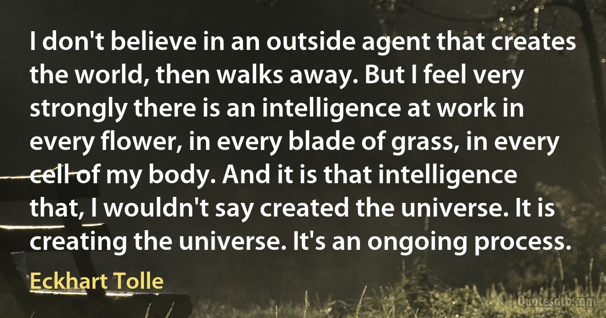 I don't believe in an outside agent that creates the world, then walks away. But I feel very strongly there is an intelligence at work in every flower, in every blade of grass, in every cell of my body. And it is that intelligence that, I wouldn't say created the universe. It is creating the universe. It's an ongoing process. (Eckhart Tolle)