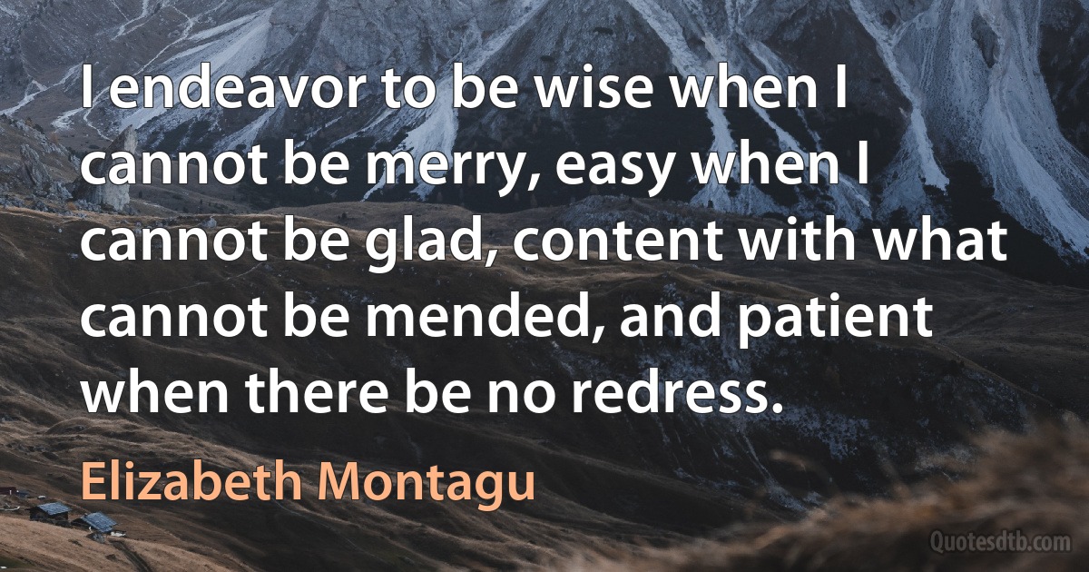 I endeavor to be wise when I cannot be merry, easy when I cannot be glad, content with what cannot be mended, and patient when there be no redress. (Elizabeth Montagu)