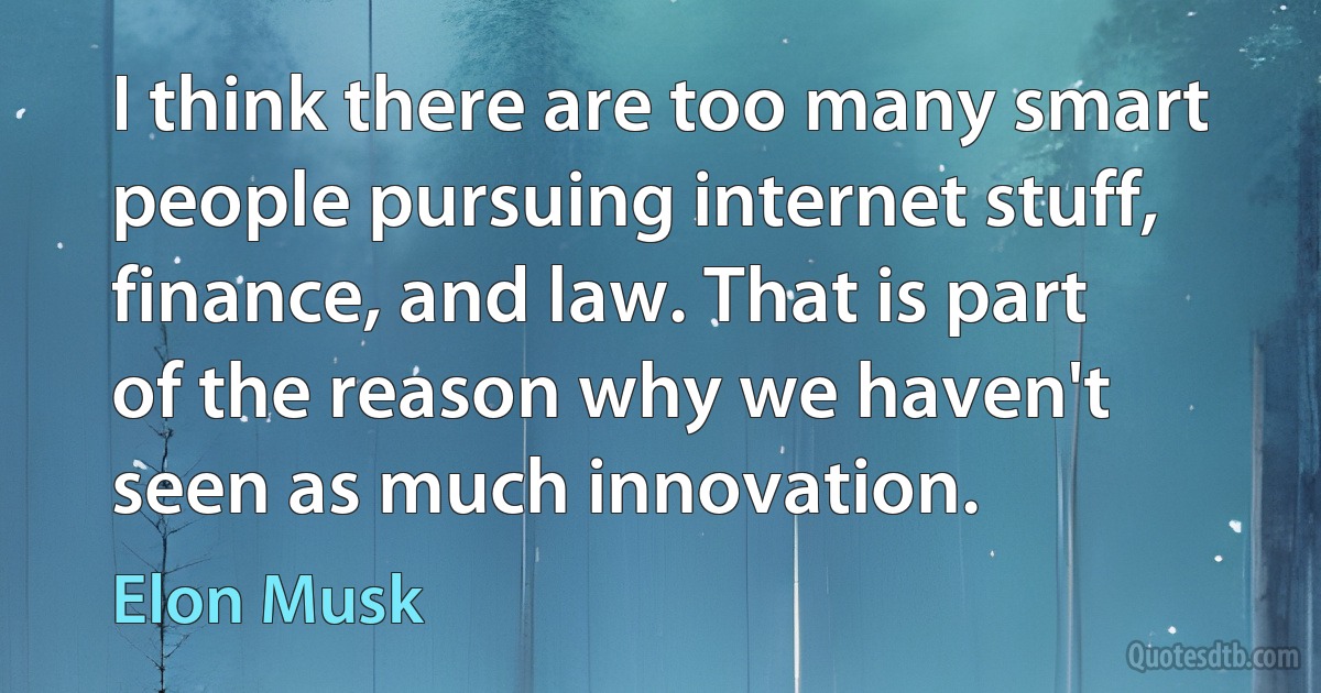 I think there are too many smart people pursuing internet stuff, finance, and law. That is part of the reason why we haven't seen as much innovation. (Elon Musk)