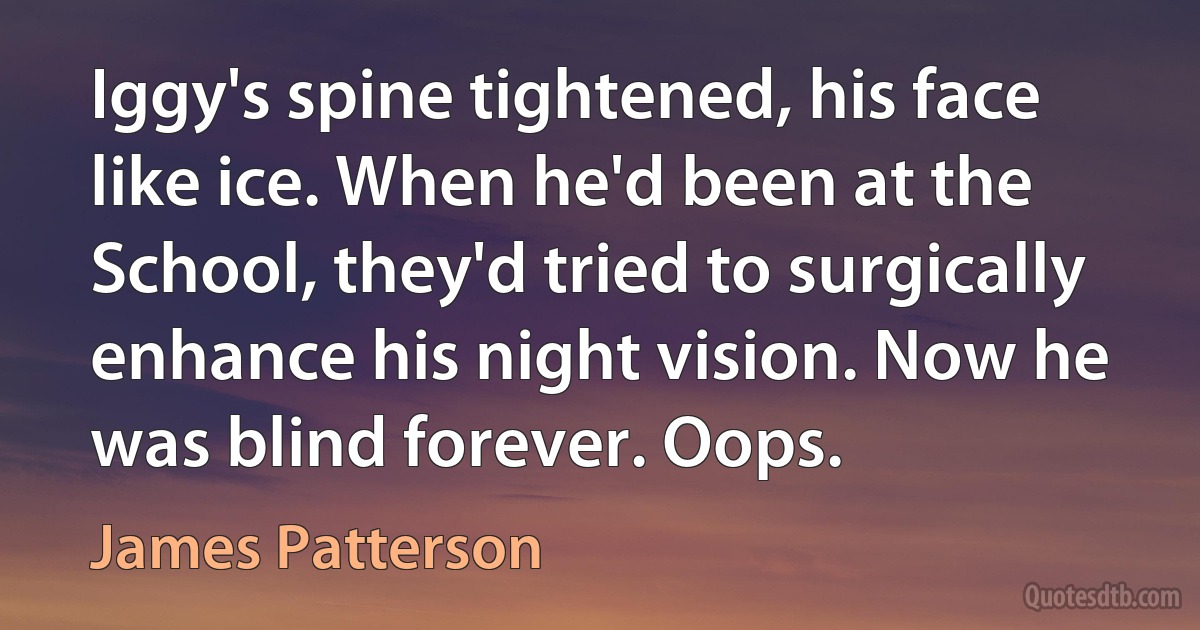 Iggy's spine tightened, his face like ice. When he'd been at the School, they'd tried to surgically enhance his night vision. Now he was blind forever. Oops. (James Patterson)