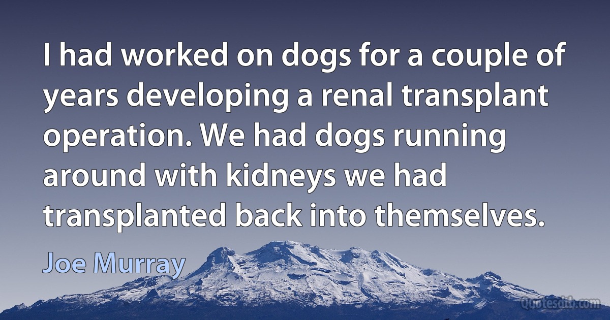 I had worked on dogs for a couple of years developing a renal transplant operation. We had dogs running around with kidneys we had transplanted back into themselves. (Joe Murray)