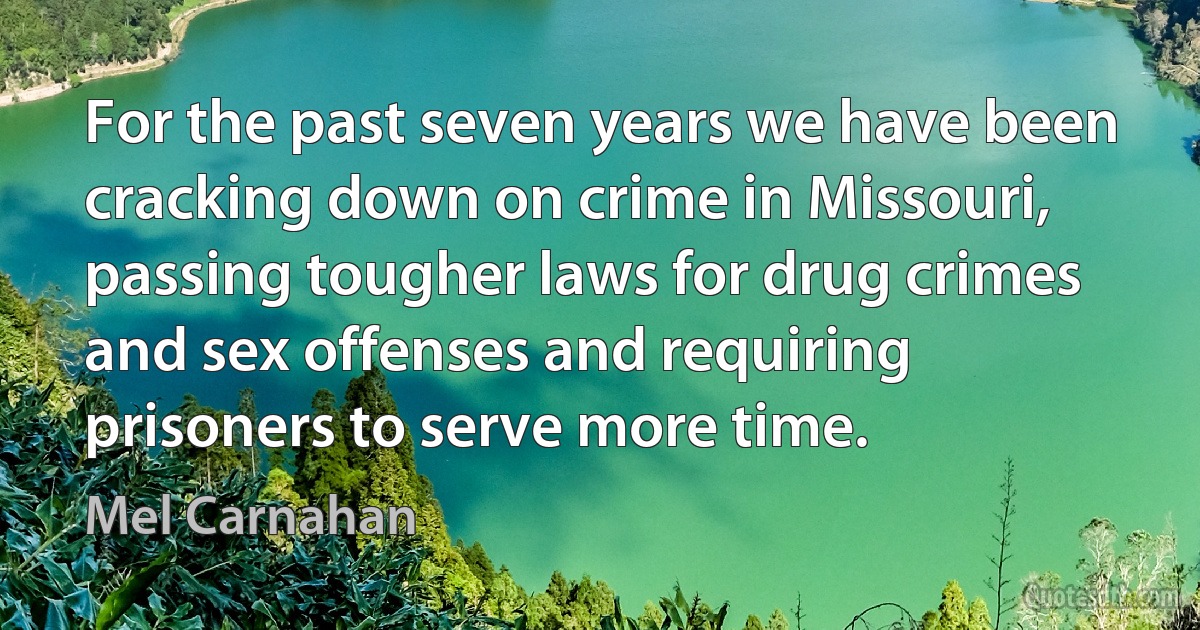 For the past seven years we have been cracking down on crime in Missouri, passing tougher laws for drug crimes and sex offenses and requiring prisoners to serve more time. (Mel Carnahan)