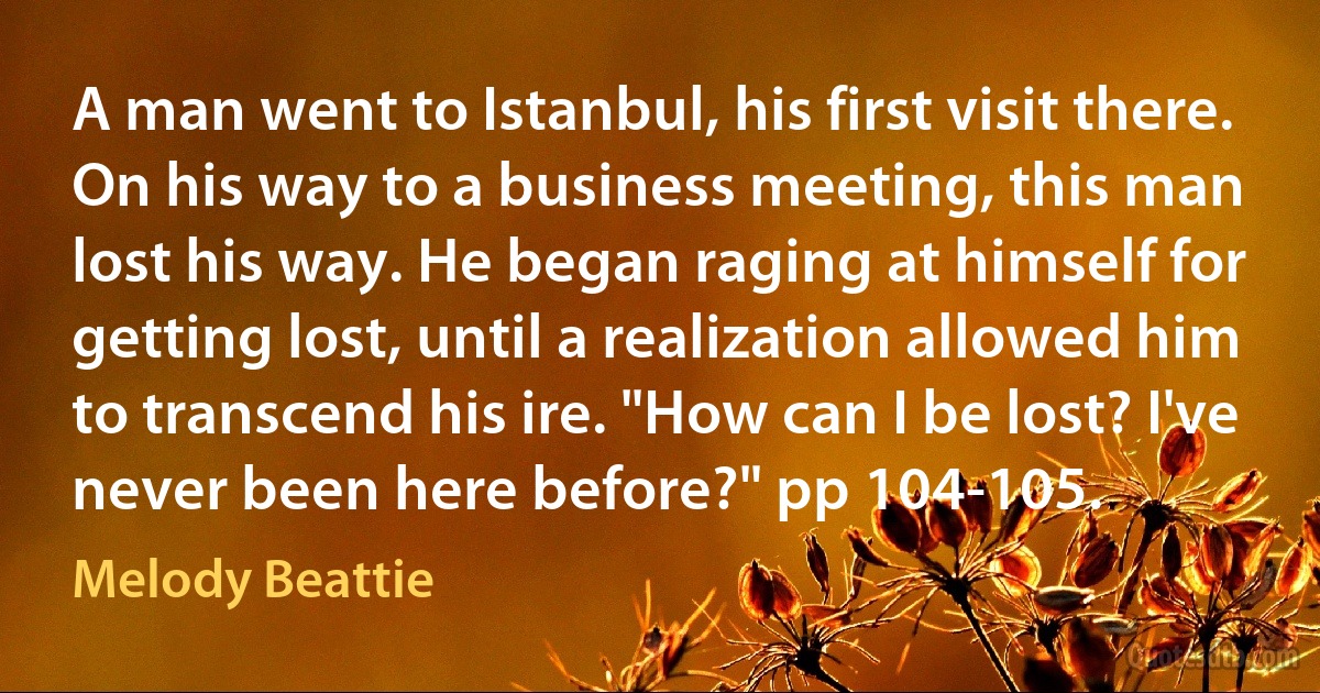 A man went to Istanbul, his first visit there. On his way to a business meeting, this man lost his way. He began raging at himself for getting lost, until a realization allowed him to transcend his ire. "How can I be lost? I've never been here before?" pp 104-105. (Melody Beattie)