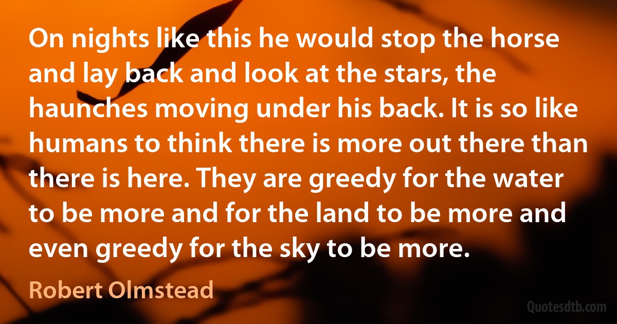 On nights like this he would stop the horse and lay back and look at the stars, the haunches moving under his back. It is so like humans to think there is more out there than there is here. They are greedy for the water to be more and for the land to be more and even greedy for the sky to be more. (Robert Olmstead)