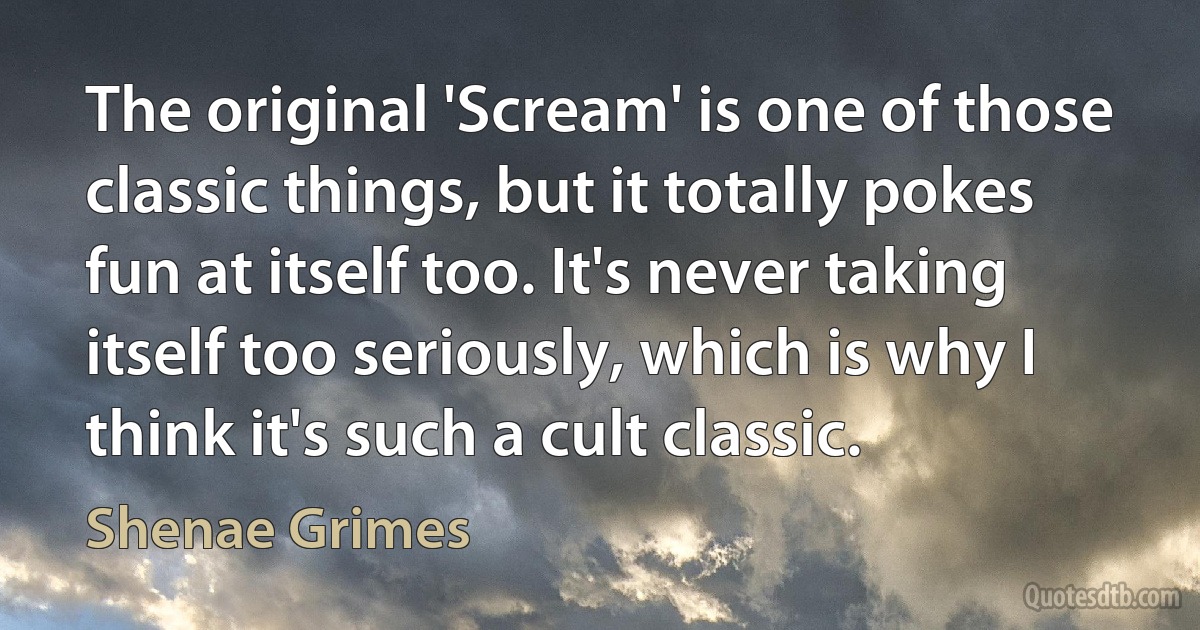 The original 'Scream' is one of those classic things, but it totally pokes fun at itself too. It's never taking itself too seriously, which is why I think it's such a cult classic. (Shenae Grimes)