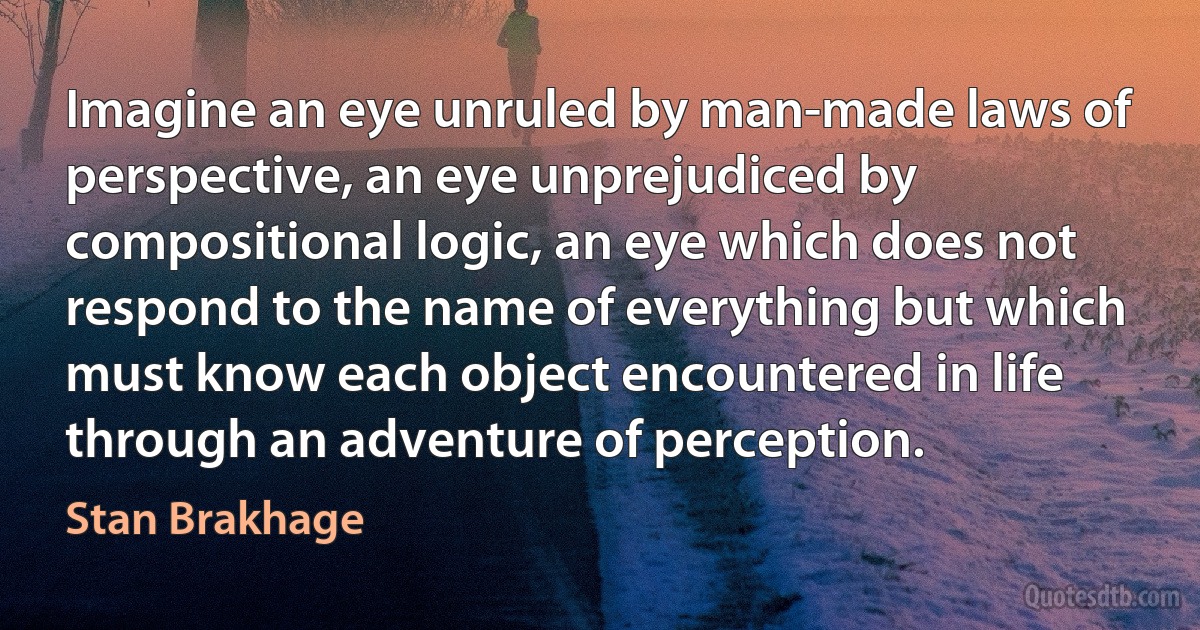 Imagine an eye unruled by man-made laws of perspective, an eye unprejudiced by compositional logic, an eye which does not respond to the name of everything but which must know each object encountered in life through an adventure of perception. (Stan Brakhage)