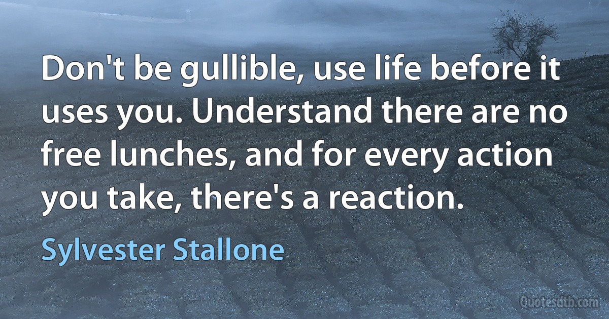 Don't be gullible, use life before it uses you. Understand there are no free lunches, and for every action you take, there's a reaction. (Sylvester Stallone)