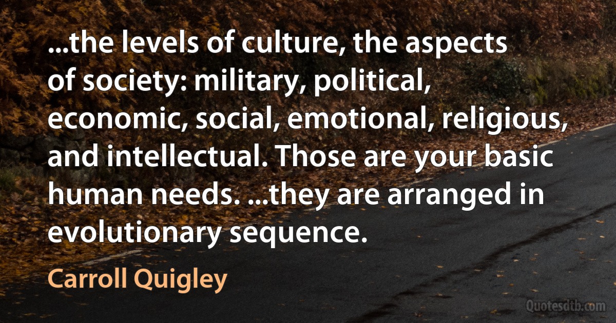 ...the levels of culture, the aspects of society: military, political, economic, social, emotional, religious, and intellectual. Those are your basic human needs. ...they are arranged in evolutionary sequence. (Carroll Quigley)