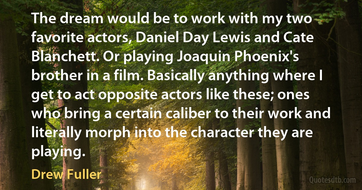 The dream would be to work with my two favorite actors, Daniel Day Lewis and Cate Blanchett. Or playing Joaquin Phoenix's brother in a film. Basically anything where I get to act opposite actors like these; ones who bring a certain caliber to their work and literally morph into the character they are playing. (Drew Fuller)