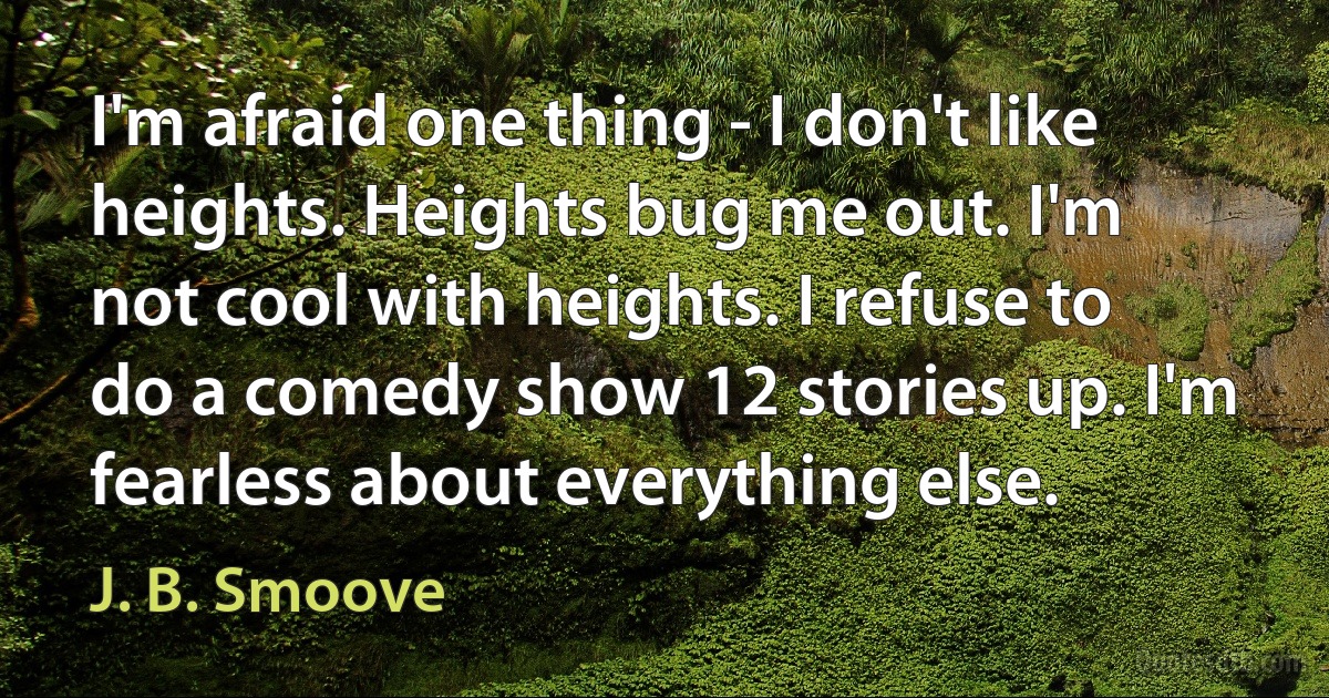 I'm afraid one thing - I don't like heights. Heights bug me out. I'm not cool with heights. I refuse to do a comedy show 12 stories up. I'm fearless about everything else. (J. B. Smoove)