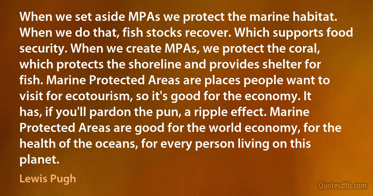 When we set aside MPAs we protect the marine habitat. When we do that, fish stocks recover. Which supports food security. When we create MPAs, we protect the coral, which protects the shoreline and provides shelter for fish. Marine Protected Areas are places people want to visit for ecotourism, so it's good for the economy. It has, if you'll pardon the pun, a ripple effect. Marine Protected Areas are good for the world economy, for the health of the oceans, for every person living on this planet. (Lewis Pugh)