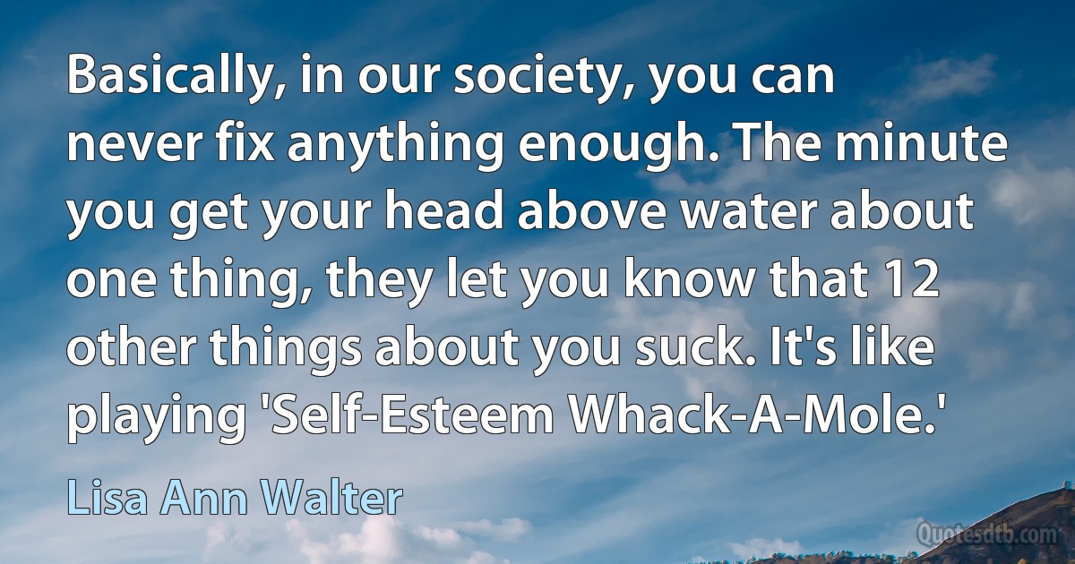 Basically, in our society, you can never fix anything enough. The minute you get your head above water about one thing, they let you know that 12 other things about you suck. It's like playing 'Self-Esteem Whack-A-Mole.' (Lisa Ann Walter)