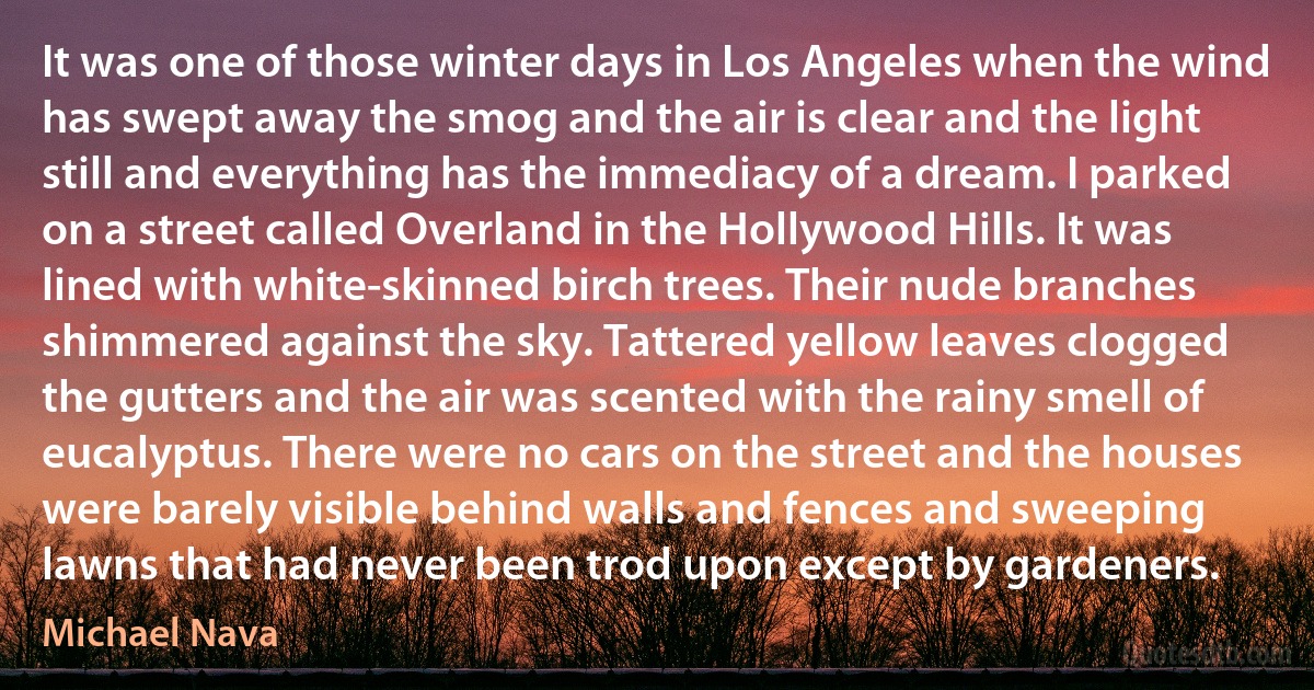 It was one of those winter days in Los Angeles when the wind has swept away the smog and the air is clear and the light still and everything has the immediacy of a dream. I parked on a street called Overland in the Hollywood Hills. It was lined with white-skinned birch trees. Their nude branches shimmered against the sky. Tattered yellow leaves clogged the gutters and the air was scented with the rainy smell of eucalyptus. There were no cars on the street and the houses were barely visible behind walls and fences and sweeping lawns that had never been trod upon except by gardeners. (Michael Nava)